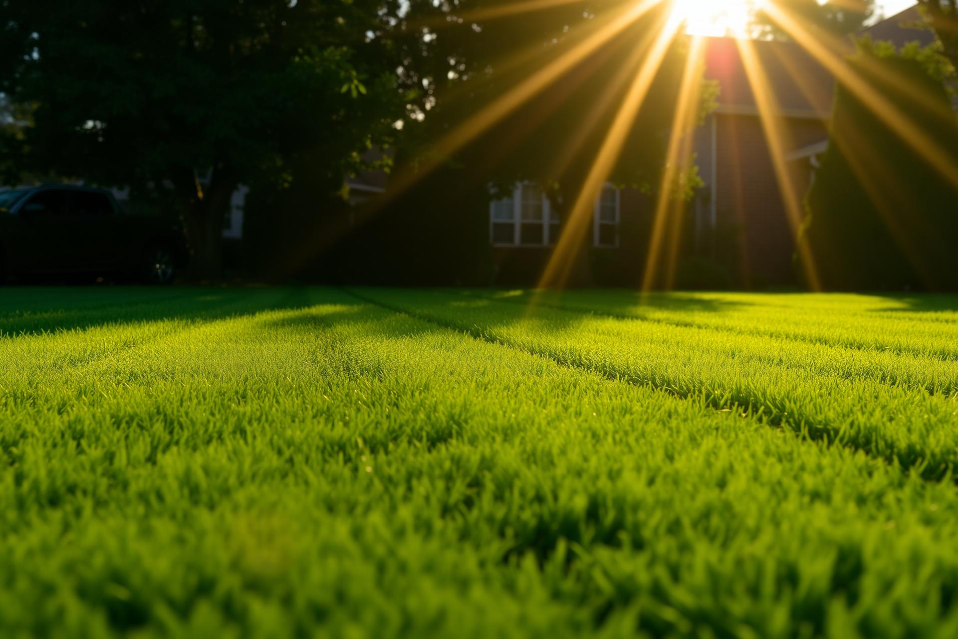 Freshly mowed green lawn at golden hour
